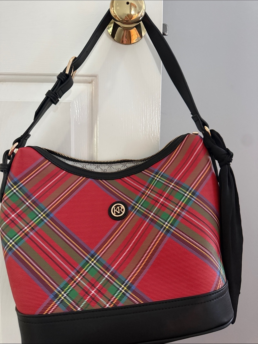 Plaid Red Shoulder Bag with Black Trim